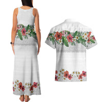 Hawaiian Tropical Flowers and Tribal Polynesian Tattoo Couples Matching Tank Maxi Dress and Hawaiian Shirt White Color LT03 - Polynesian Pride