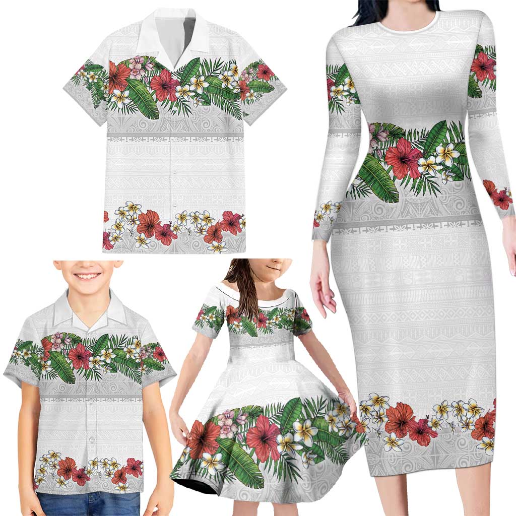 Hawaiian Tropical Flowers and Tribal Polynesian Tattoo Family Matching Long Sleeve Bodycon Dress and Hawaiian Shirt White Color