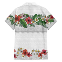 Hawaiian Tropical Flowers and Tribal Polynesian Tattoo Family Matching Long Sleeve Bodycon Dress and Hawaiian Shirt White Color