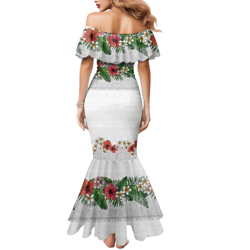 Hawaiian Tropical Flowers and Tribal Polynesian Tattoo Family Matching Mermaid Dress and Hawaiian Shirt White Color