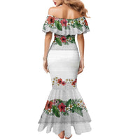 Hawaiian Tropical Flowers and Tribal Polynesian Tattoo Family Matching Mermaid Dress and Hawaiian Shirt White Color