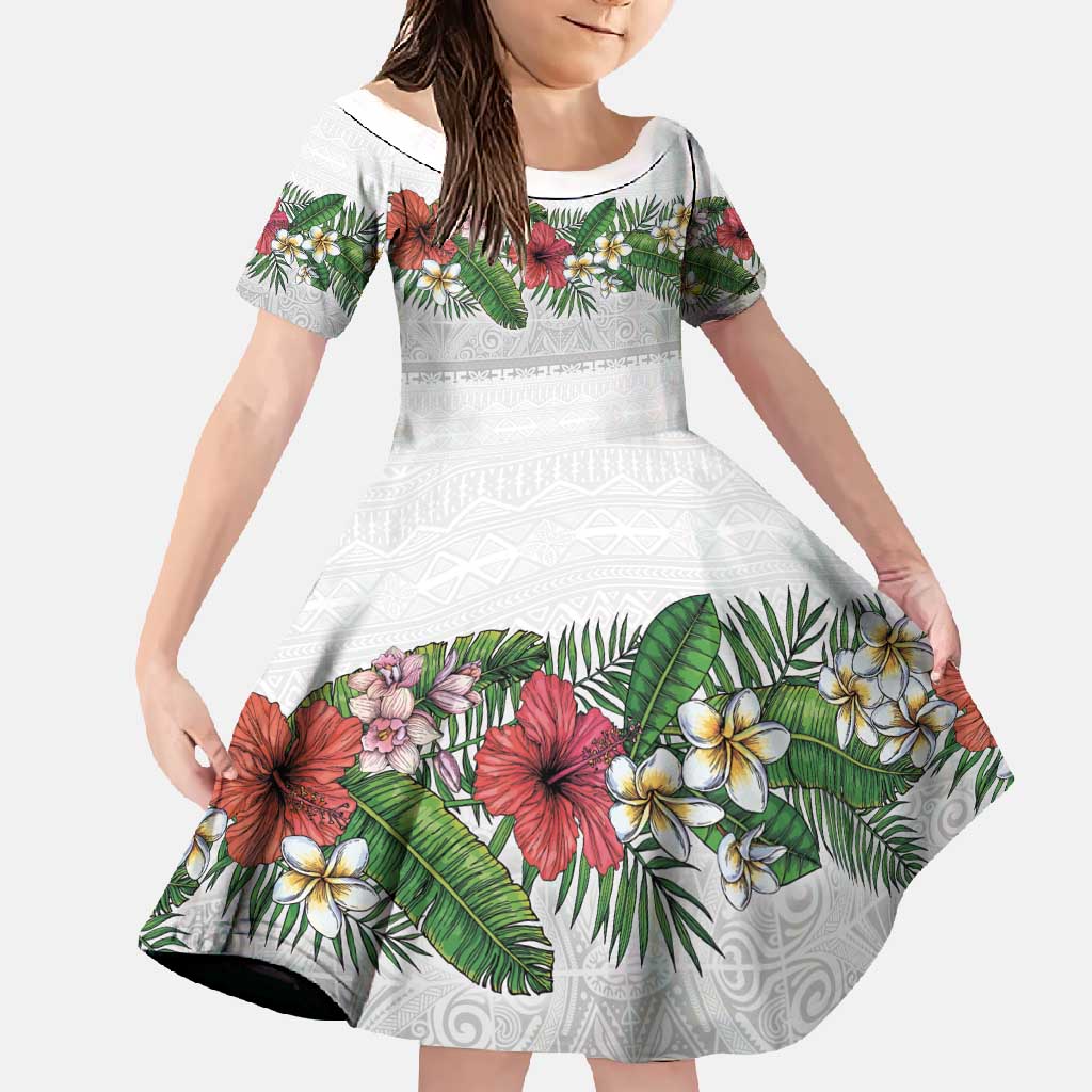Hawaiian Tropical Flowers and Tribal Polynesian Tattoo Family Matching Off Shoulder Maxi Dress and Hawaiian Shirt White Color
