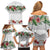 Hawaiian Tropical Flowers and Tribal Polynesian Tattoo Family Matching Off Shoulder Short Dress and Hawaiian Shirt White Color LT03