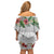 Hawaiian Tropical Flowers and Tribal Polynesian Tattoo Family Matching Off Shoulder Short Dress and Hawaiian Shirt White Color LT03