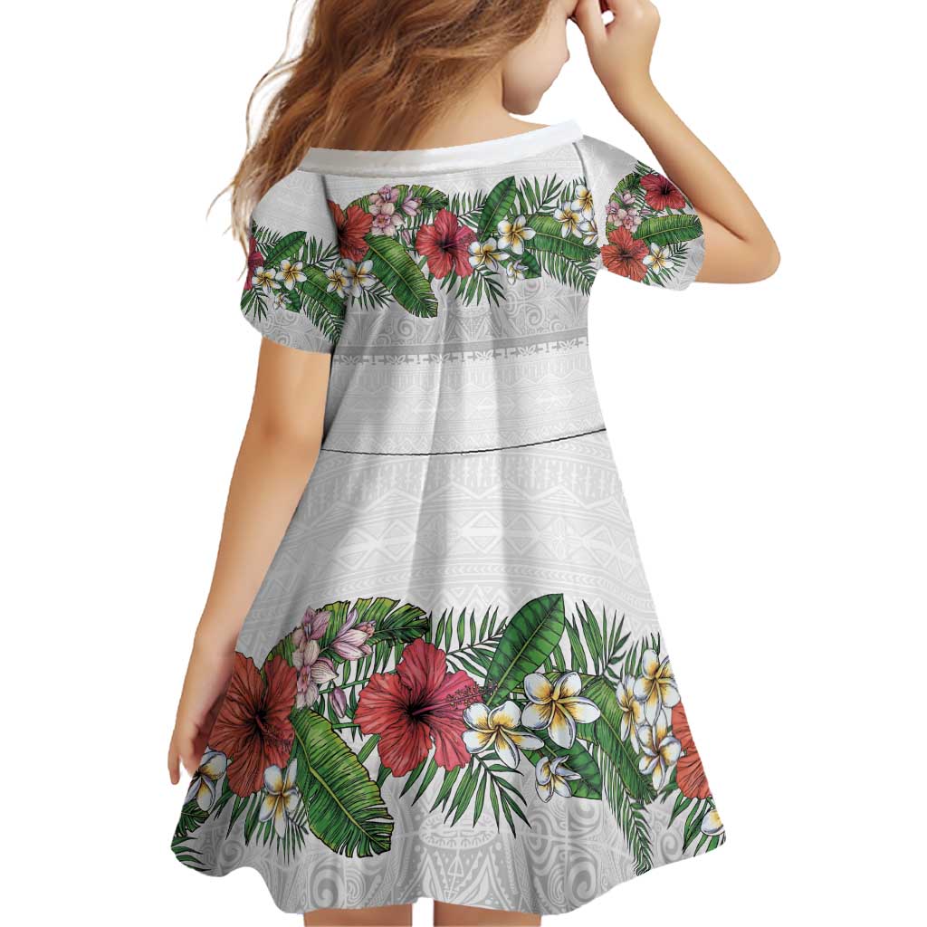 Hawaiian Tropical Flowers and Tribal Polynesian Tattoo Family Matching Puletasi and Hawaiian Shirt White Color LT03 - Polynesian Pride