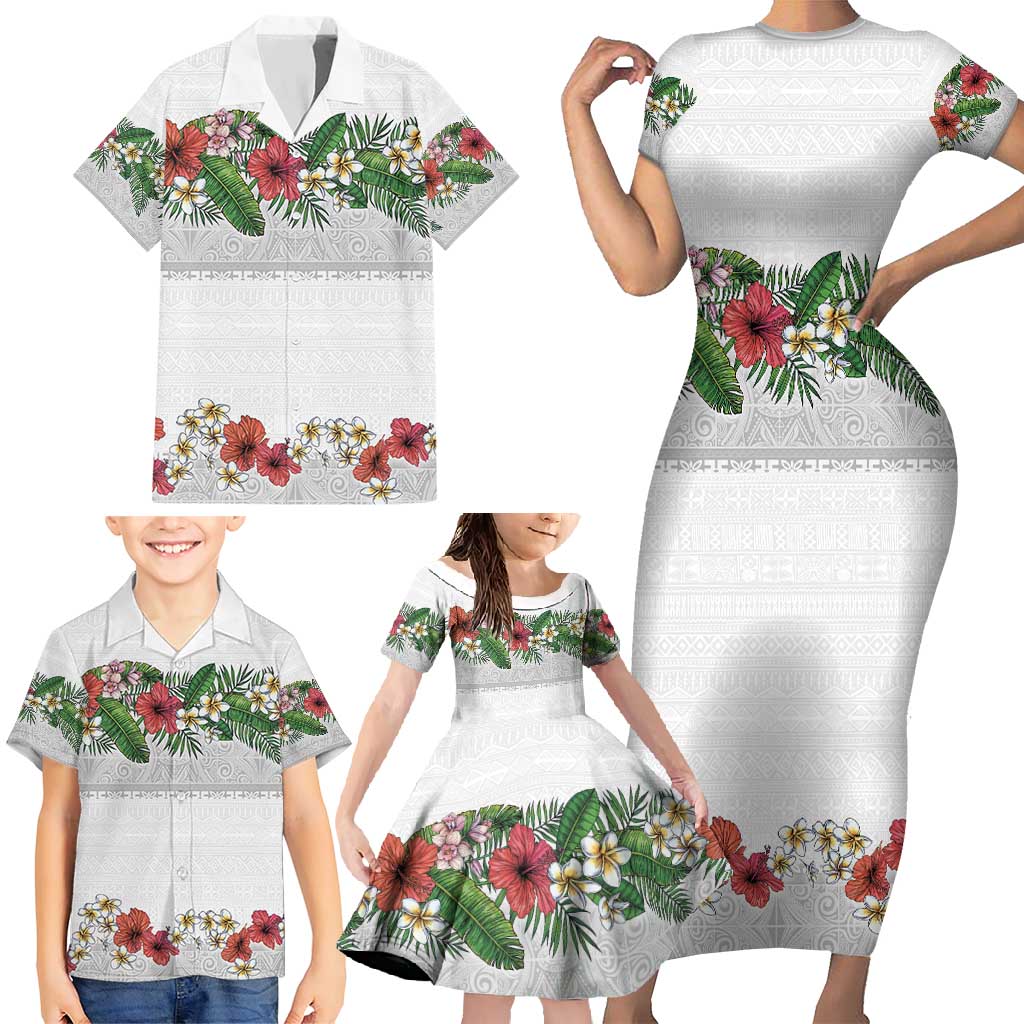 Hawaiian Tropical Flowers and Tribal Polynesian Tattoo Family Matching Short Sleeve Bodycon Dress and Hawaiian Shirt White Color