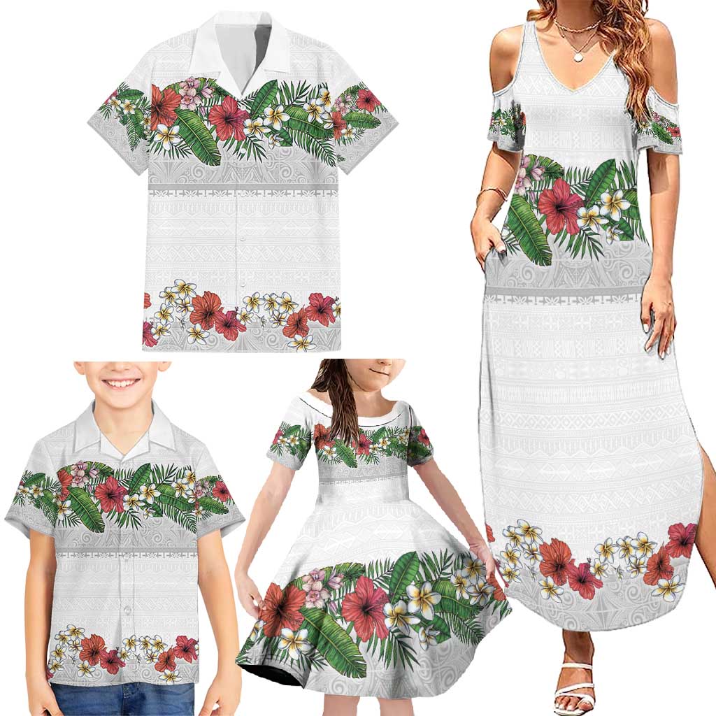 Hawaiian Tropical Flowers and Tribal Polynesian Tattoo Family Matching Summer Maxi Dress and Hawaiian Shirt White Color