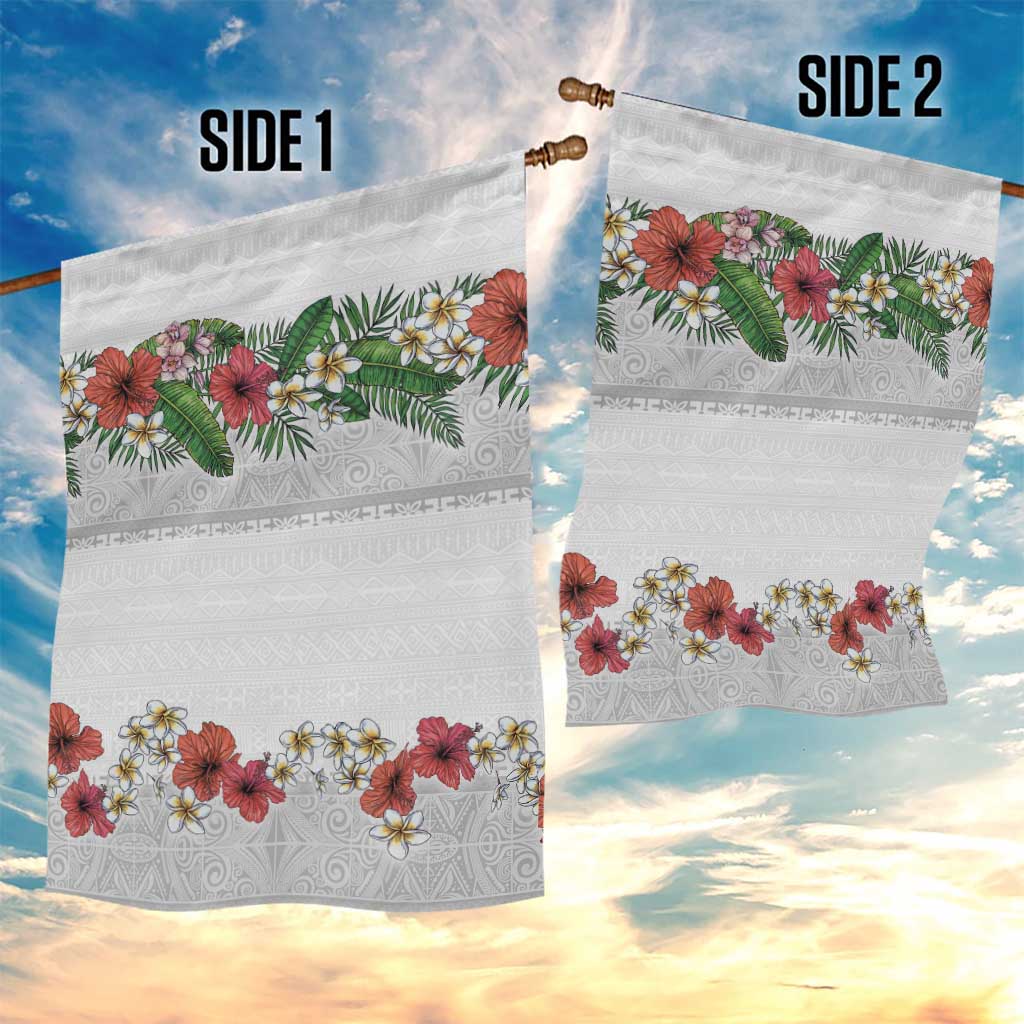Hawaiian Tropical Flowers and Tribal Polynesian Tattoo Garden Flag White Color LT03 - Polynesian Pride