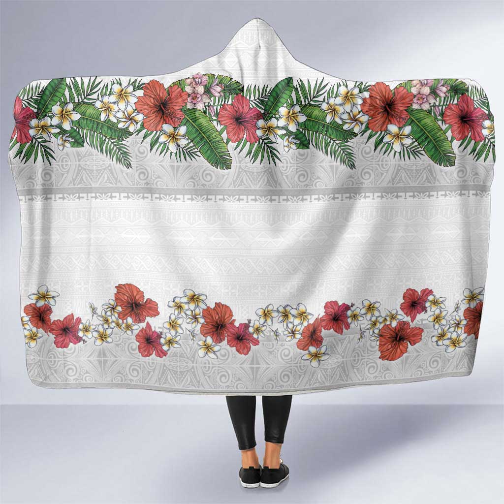 Hawaiian Tropical Flowers and Tribal Polynesian Tattoo Hooded Blanket White Color LT03 One Size White - Polynesian Pride