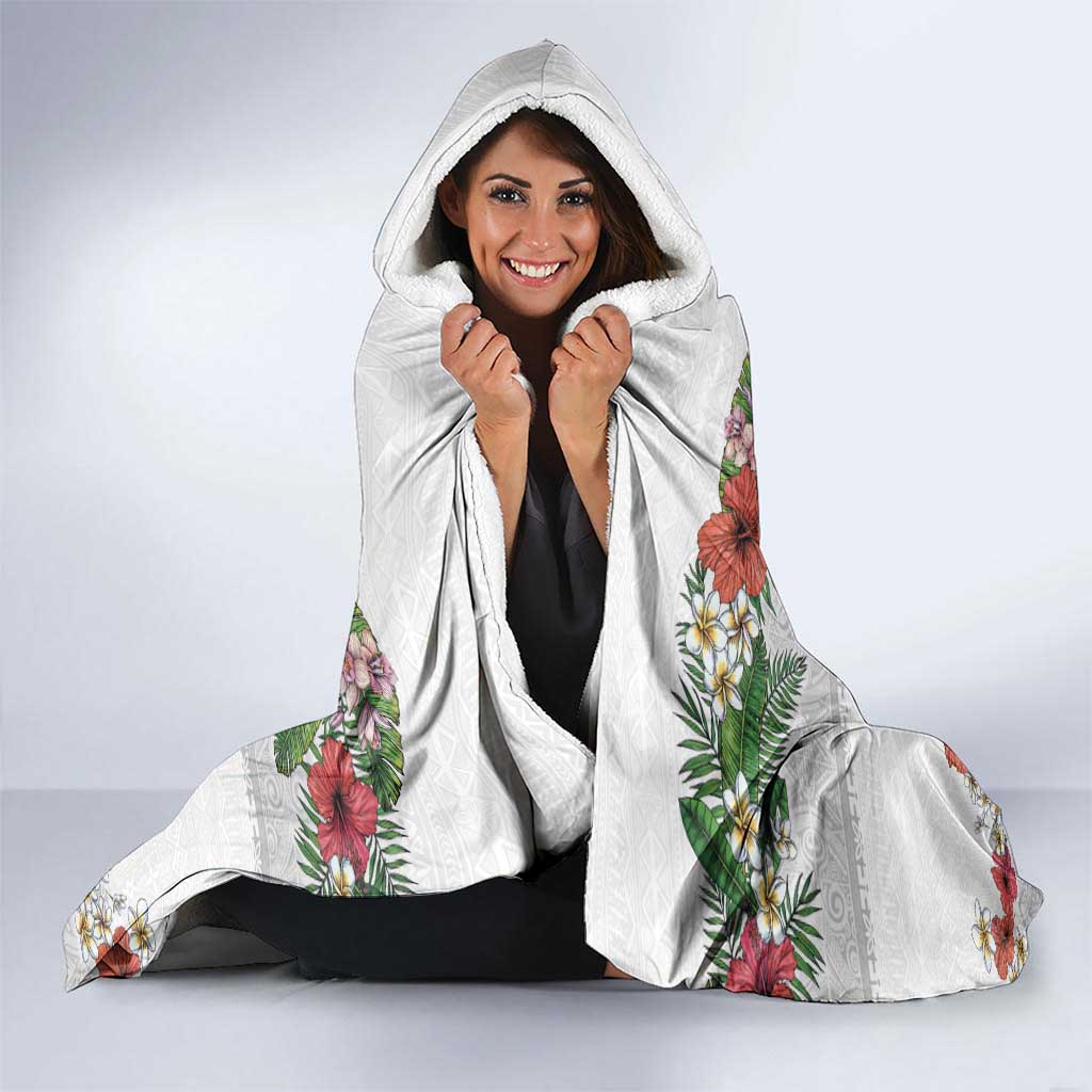 Hawaiian Tropical Flowers and Tribal Polynesian Tattoo Hooded Blanket White Color LT03 - Polynesian Pride