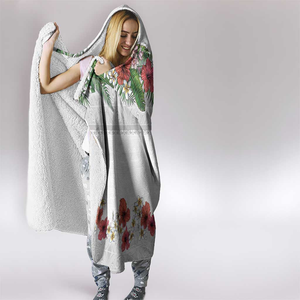 Hawaiian Tropical Flowers and Tribal Polynesian Tattoo Hooded Blanket White Color LT03 - Polynesian Pride