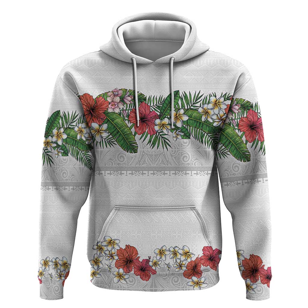 Hawaiian Tropical Flowers and Tribal Polynesian Tattoo Hoodie White Color