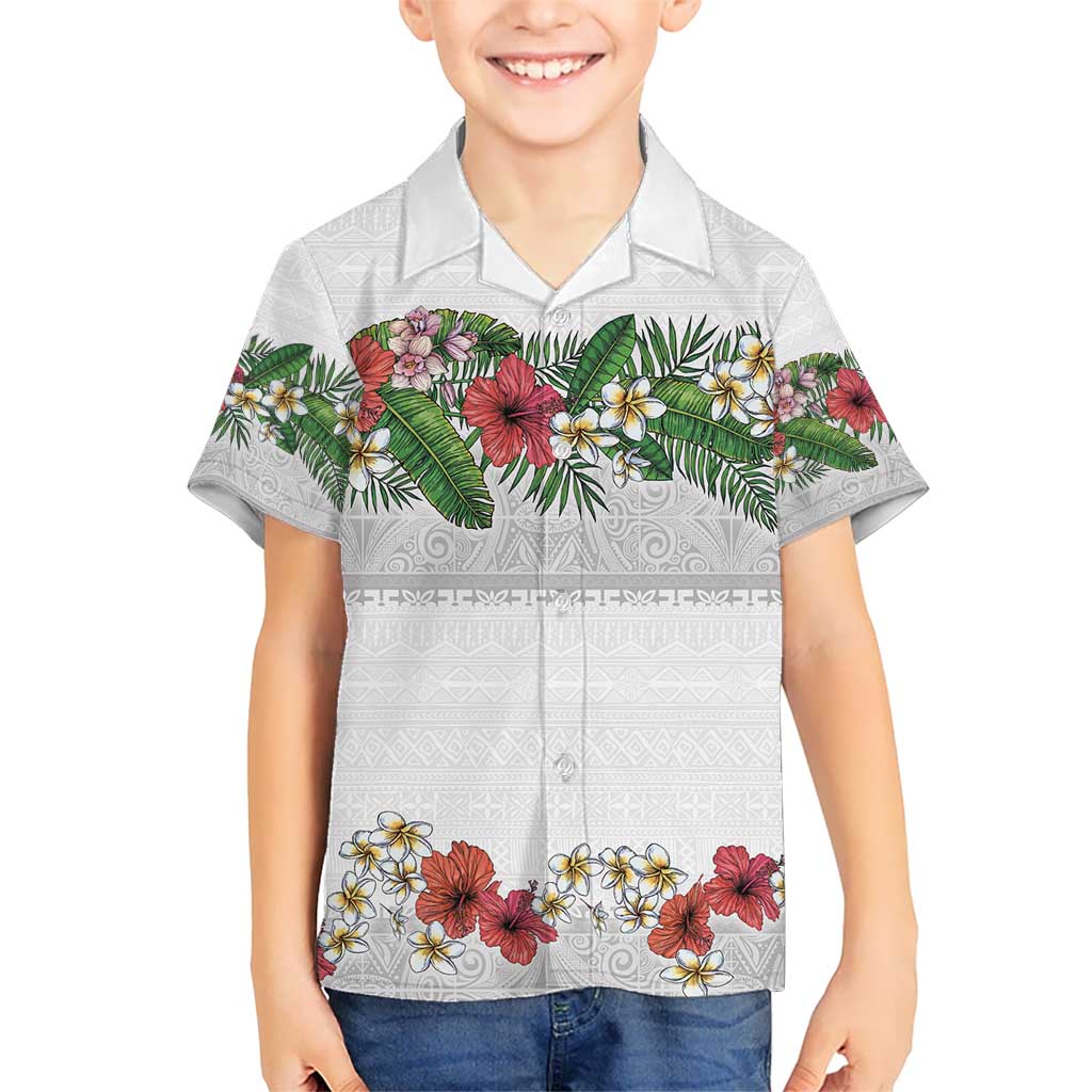 Hawaiian Tropical Flowers and Tribal Polynesian Tattoo Kid Hawaiian Shirt White Color