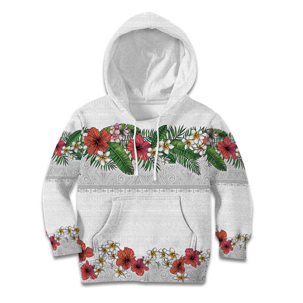 Hawaiian Tropical Flowers and Tribal Polynesian Tattoo Kid Hoodie White Color