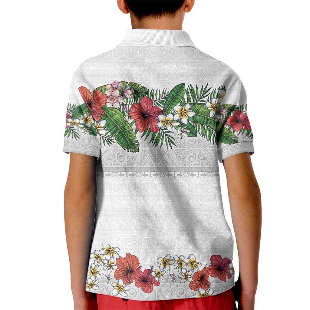 Hawaiian Tropical Flowers and Tribal Polynesian Tattoo Kid Polo Shirt White Color