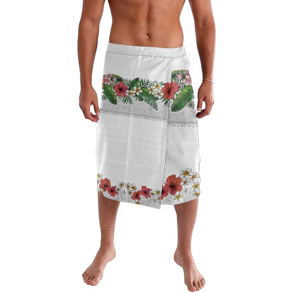Hawaiian Tropical Flowers and Tribal Polynesian Tattoo Lavalava White Color LT03 White - Polynesian Pride