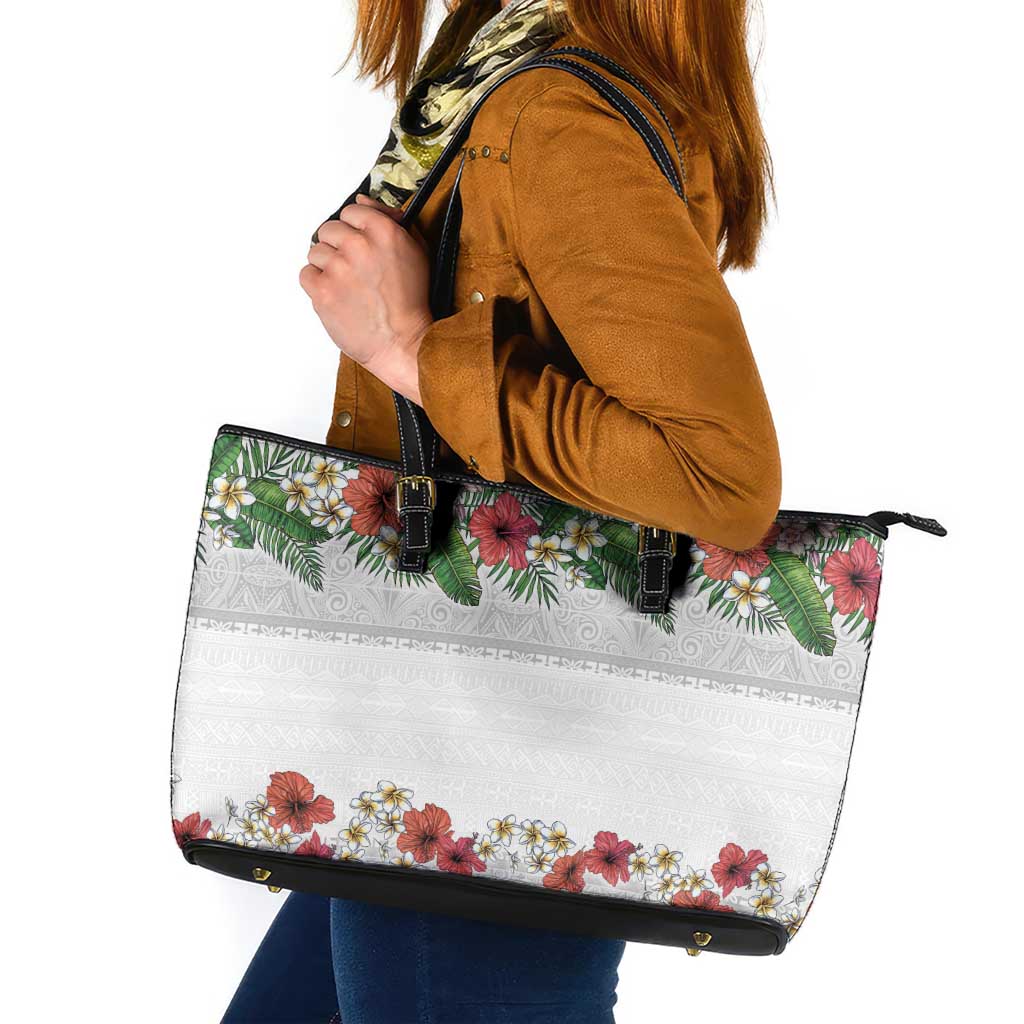 Hawaiian Tropical Flowers and Tribal Polynesian Tattoo Leather Tote Bag White Color LT03 White - Polynesian Pride