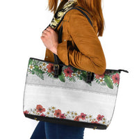 Hawaiian Tropical Flowers and Tribal Polynesian Tattoo Leather Tote Bag White Color LT03 White - Polynesian Pride