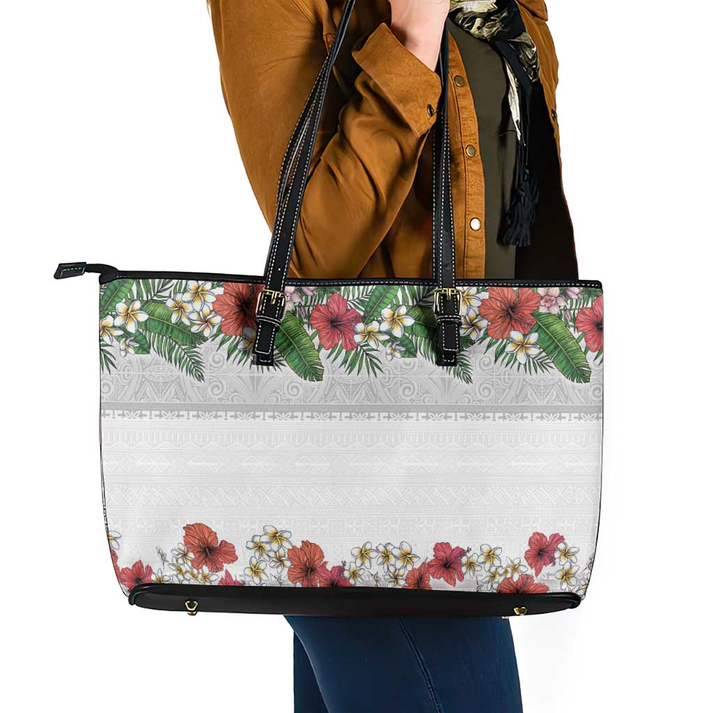 Hawaiian Tropical Flowers and Tribal Polynesian Tattoo Leather Tote Bag White Color LT03 - Polynesian Pride