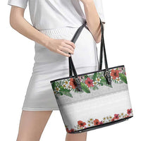 Hawaiian Tropical Flowers and Tribal Polynesian Tattoo Leather Tote Bag White Color LT03 - Polynesian Pride
