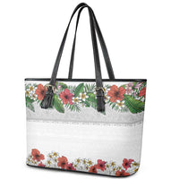 Hawaiian Tropical Flowers and Tribal Polynesian Tattoo Leather Tote Bag White Color LT03 - Polynesian Pride