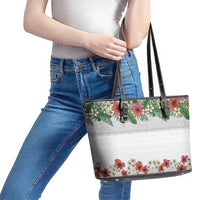 Hawaiian Tropical Flowers and Tribal Polynesian Tattoo Leather Tote Bag White Color LT03 - Polynesian Pride