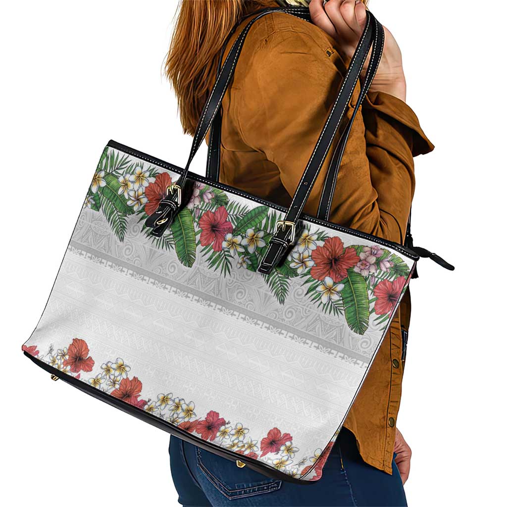 Hawaiian Tropical Flowers and Tribal Polynesian Tattoo Leather Tote Bag White Color LT03 - Polynesian Pride