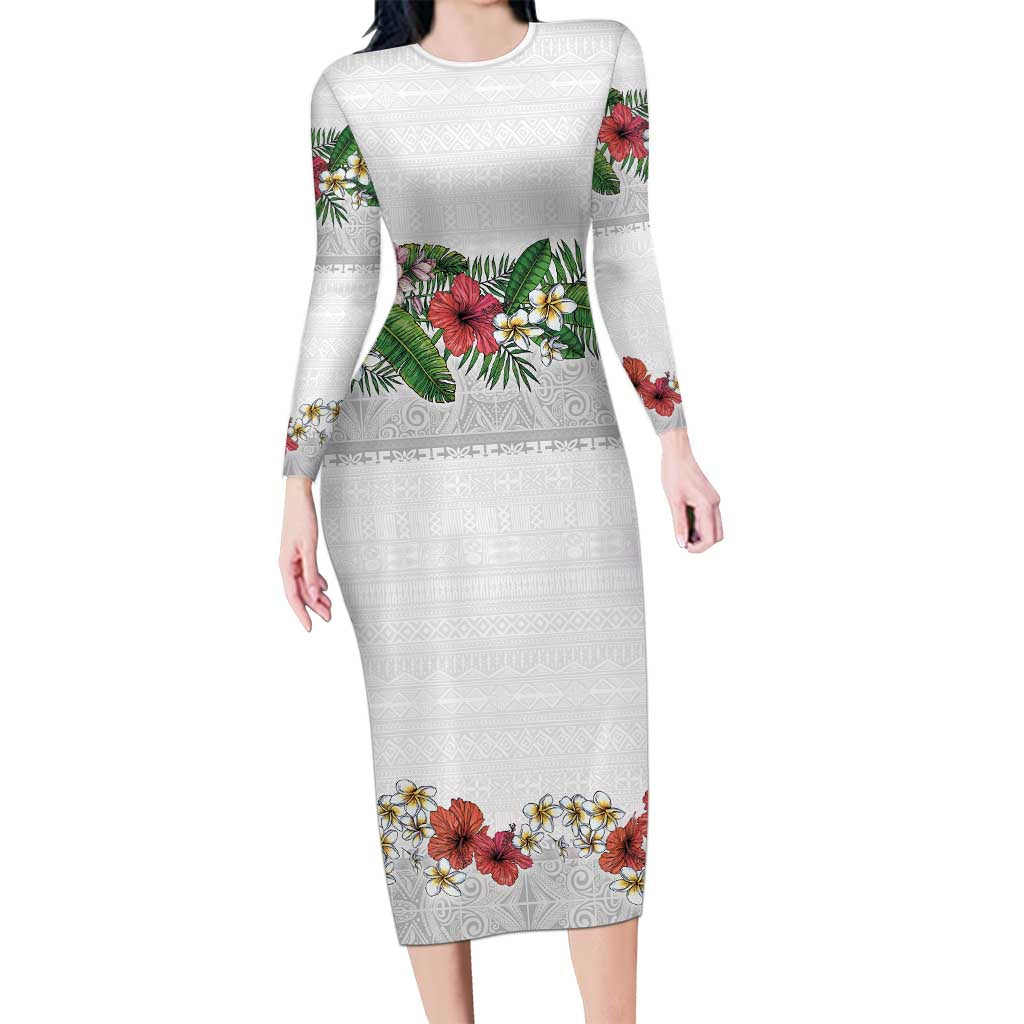 Hawaiian Tropical Flowers and Tribal Polynesian Tattoo Long Sleeve Bodycon Dress White Color