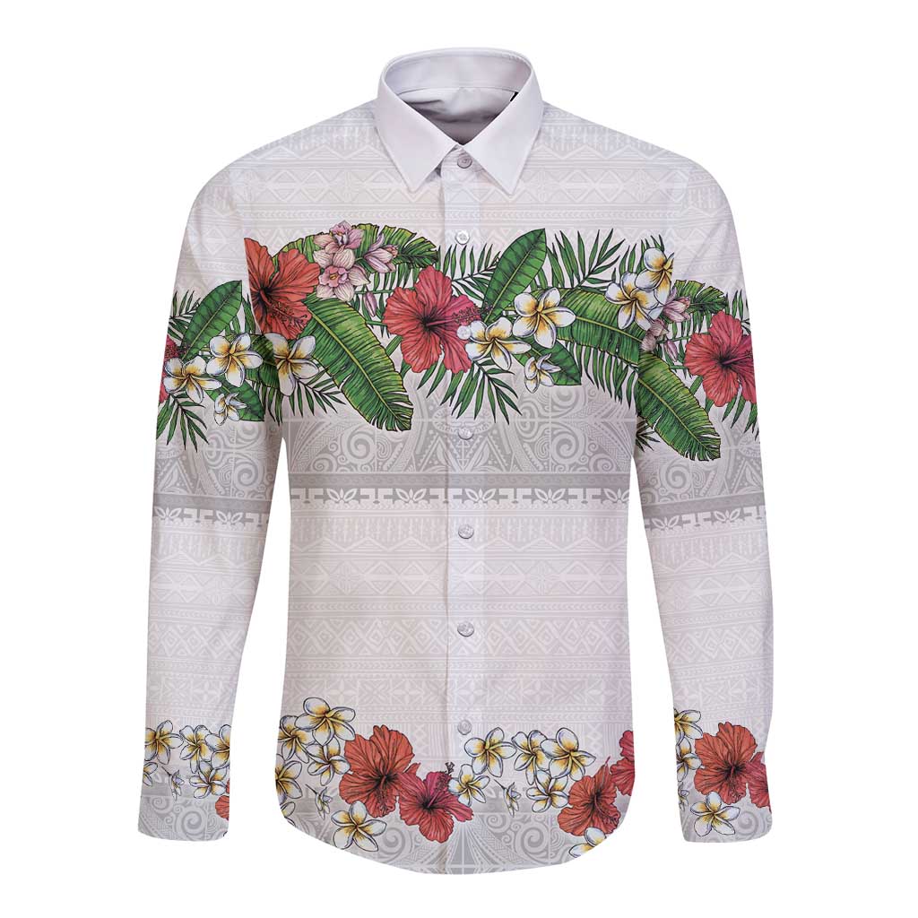 Hawaiian Tropical Flowers and Tribal Polynesian Tattoo Long Sleeve Button Shirt White Color