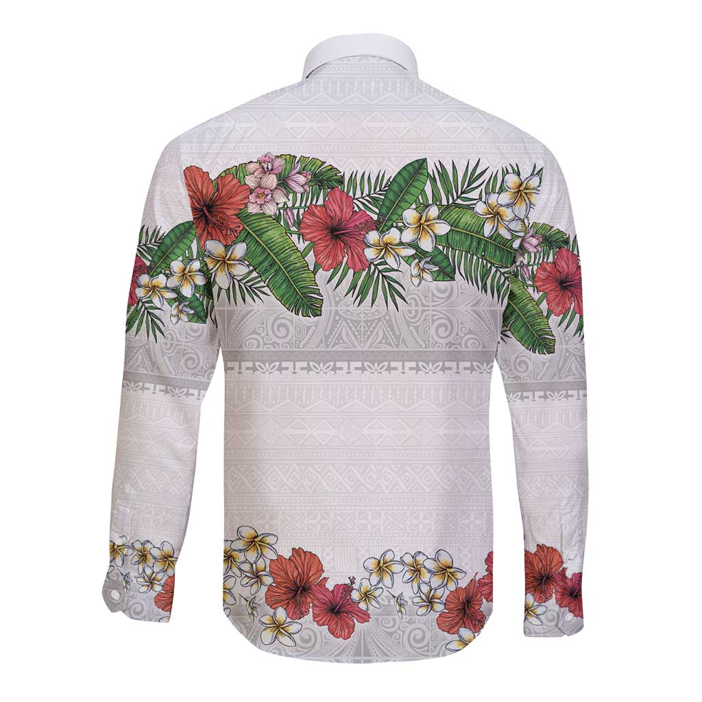Hawaiian Tropical Flowers and Tribal Polynesian Tattoo Long Sleeve Button Shirt White Color