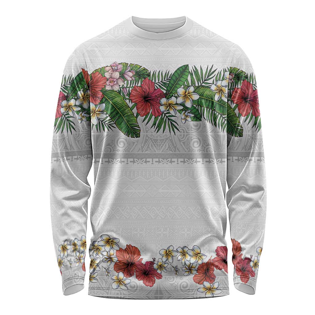 Hawaiian Tropical Flowers and Tribal Polynesian Tattoo Long Sleeve Shirt White Color