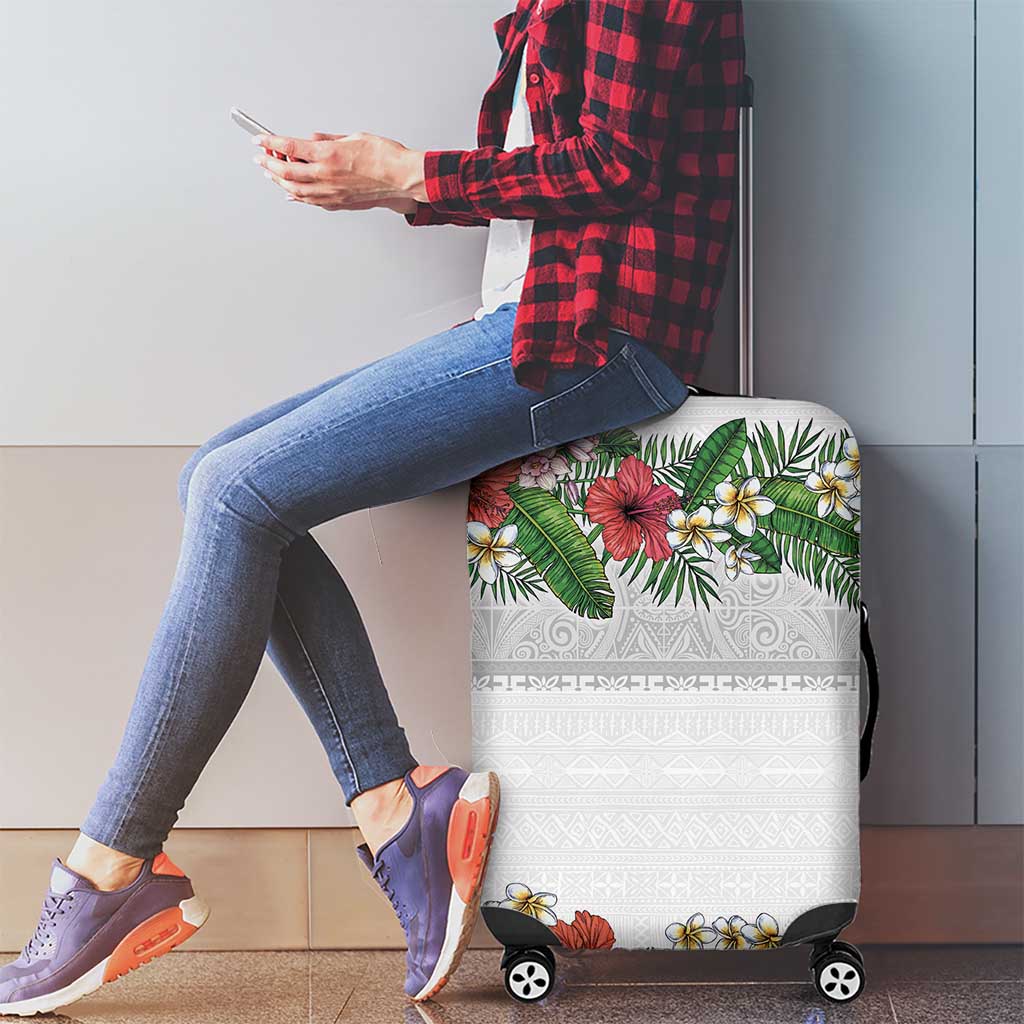 Hawaiian Tropical Flowers and Tribal Polynesian Tattoo Luggage Cover White Color