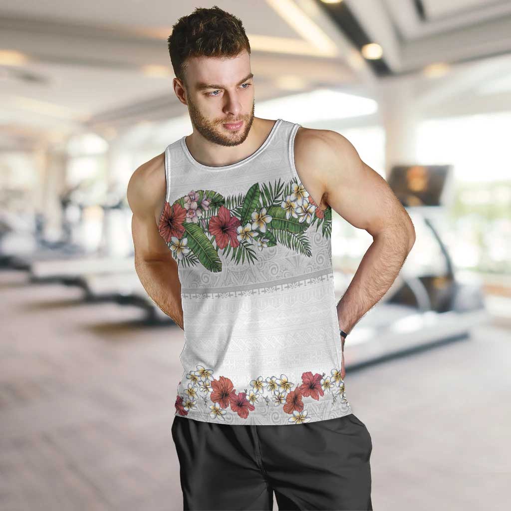 Hawaiian Tropical Flowers and Tribal Polynesian Tattoo Men Tank Top White Color