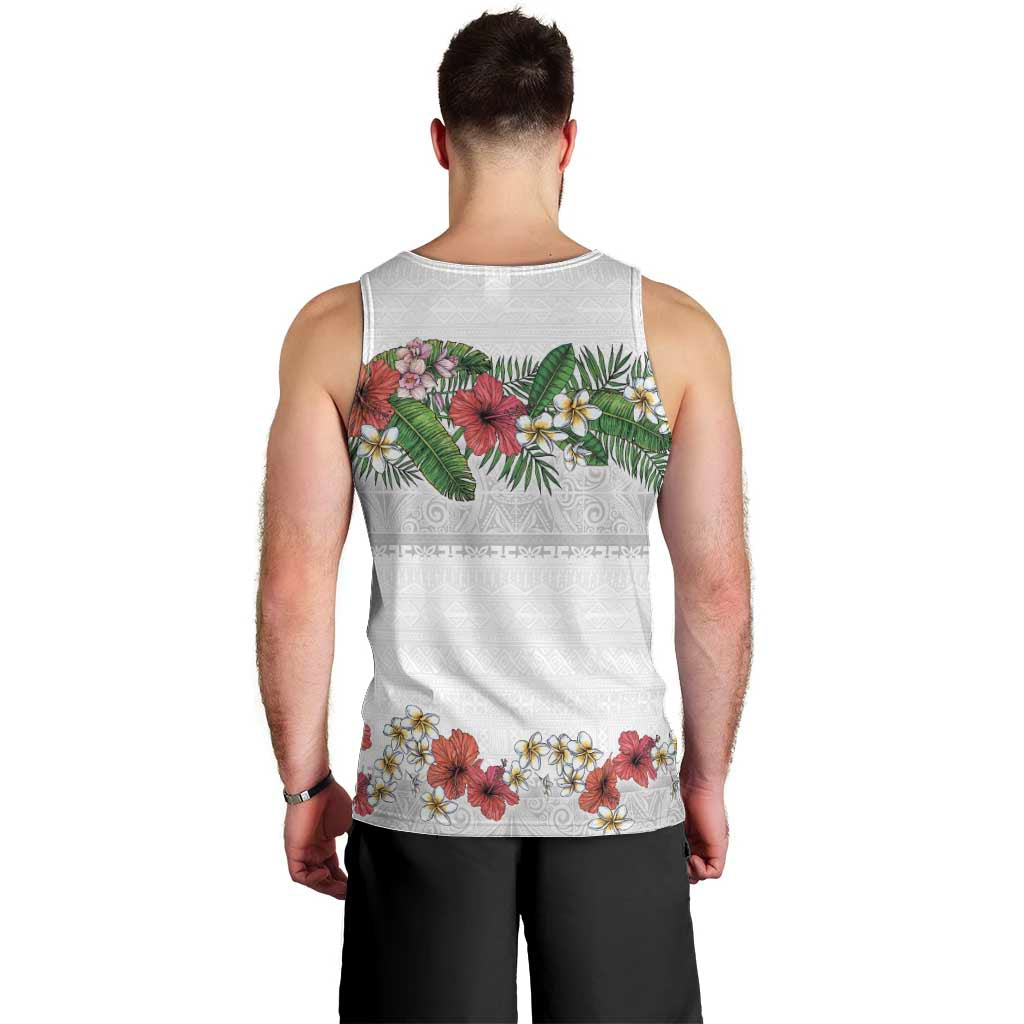 Hawaiian Tropical Flowers and Tribal Polynesian Tattoo Men Tank Top White Color LT03 - Polynesian Pride