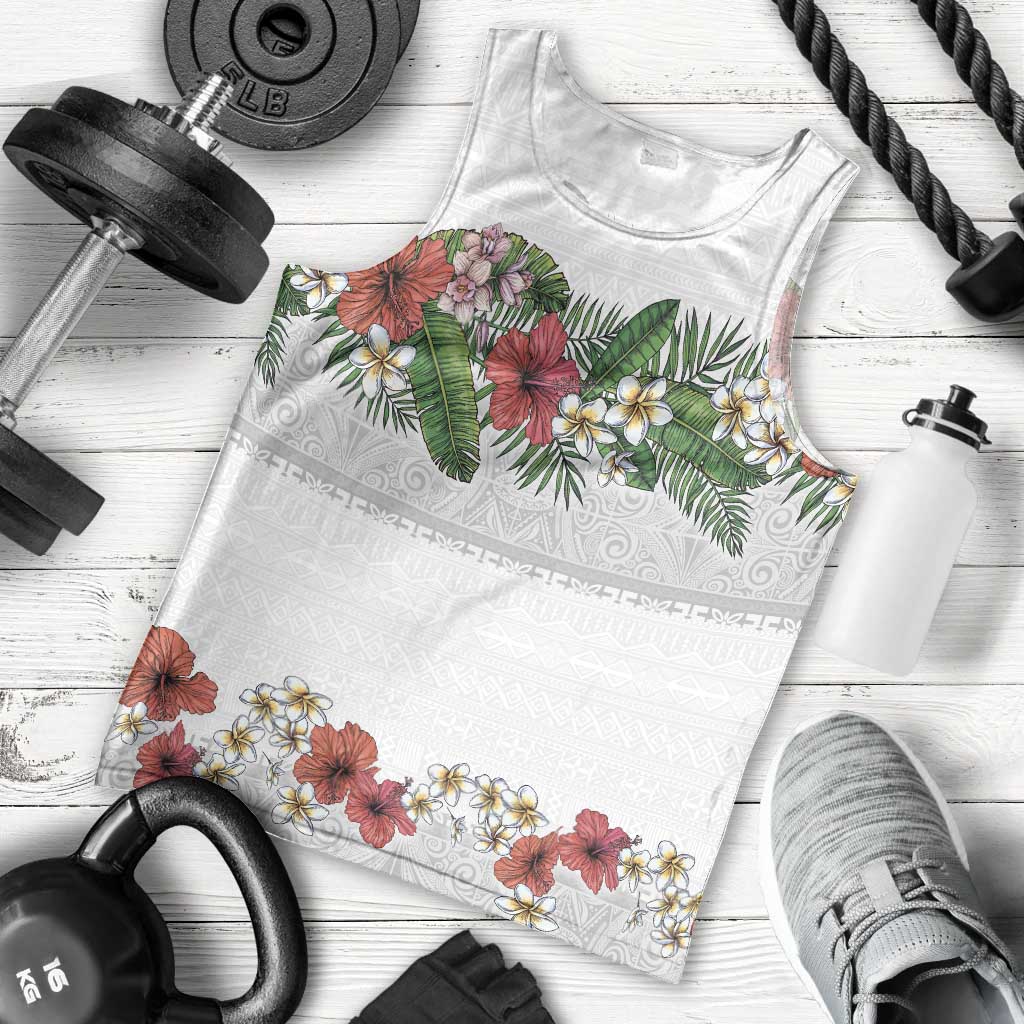 Hawaiian Tropical Flowers and Tribal Polynesian Tattoo Men Tank Top White Color LT03 - Polynesian Pride