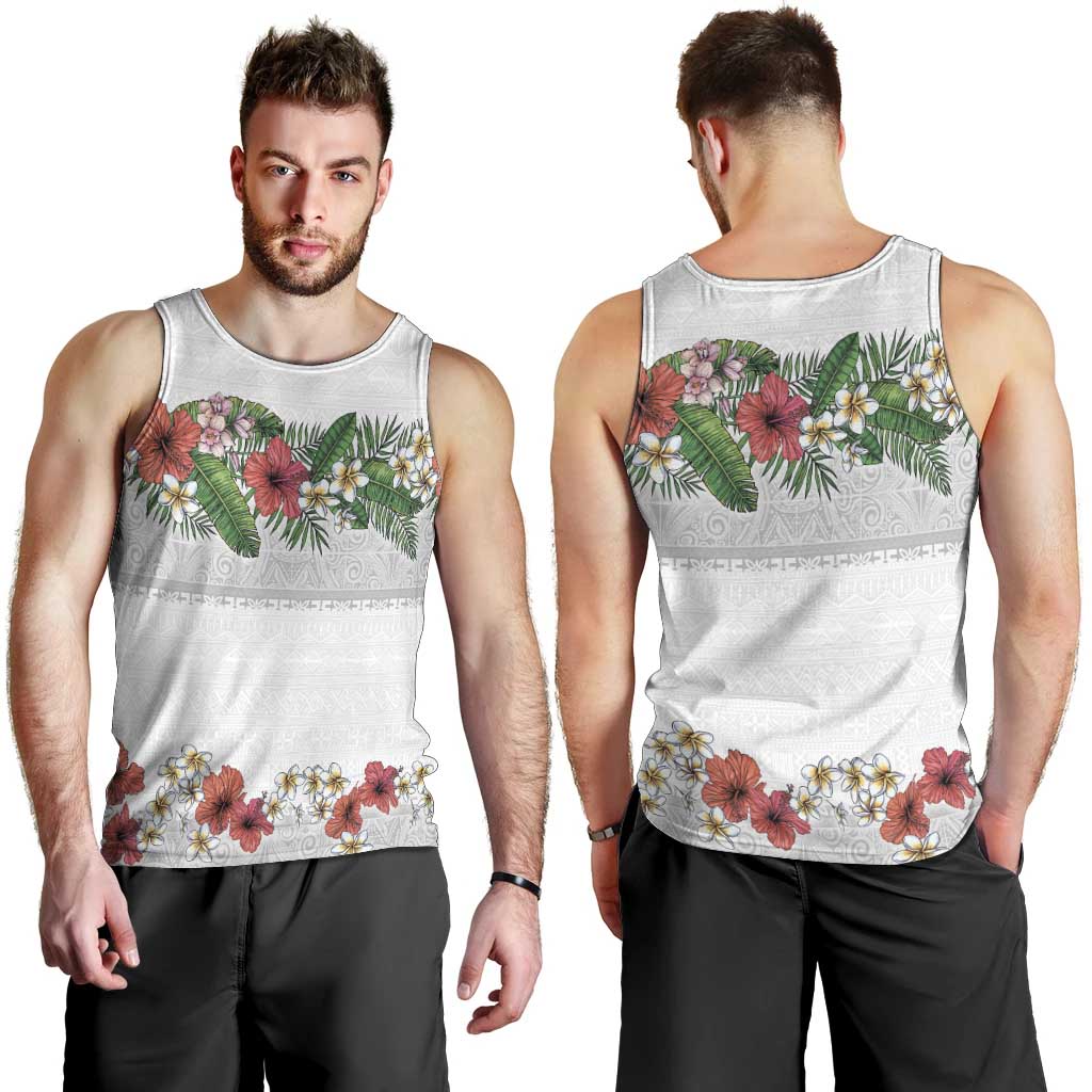 Hawaiian Tropical Flowers and Tribal Polynesian Tattoo Men Tank Top White Color LT03 - Polynesian Pride