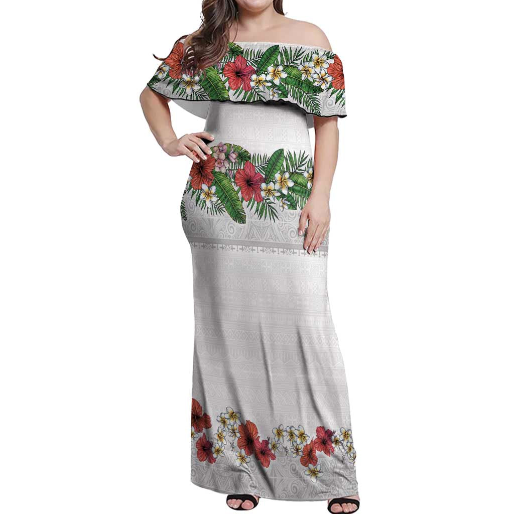 Hawaiian Tropical Flowers and Tribal Polynesian Tattoo Off Shoulder Maxi Dress White Color