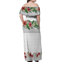 Hawaiian Tropical Flowers and Tribal Polynesian Tattoo Off Shoulder Maxi Dress White Color LT03 - Polynesian Pride
