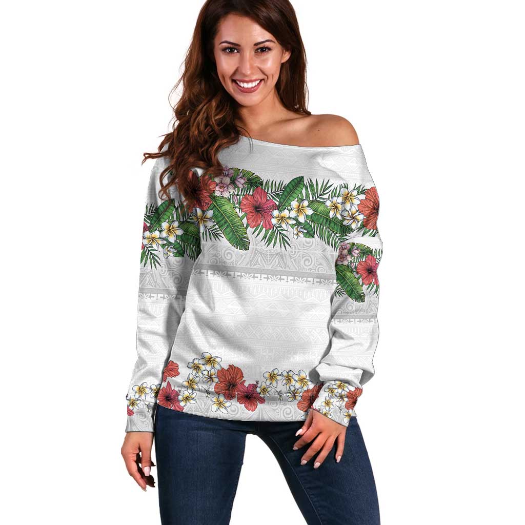 Hawaiian Tropical Flowers and Tribal Polynesian Tattoo Off Shoulder Sweater White Color