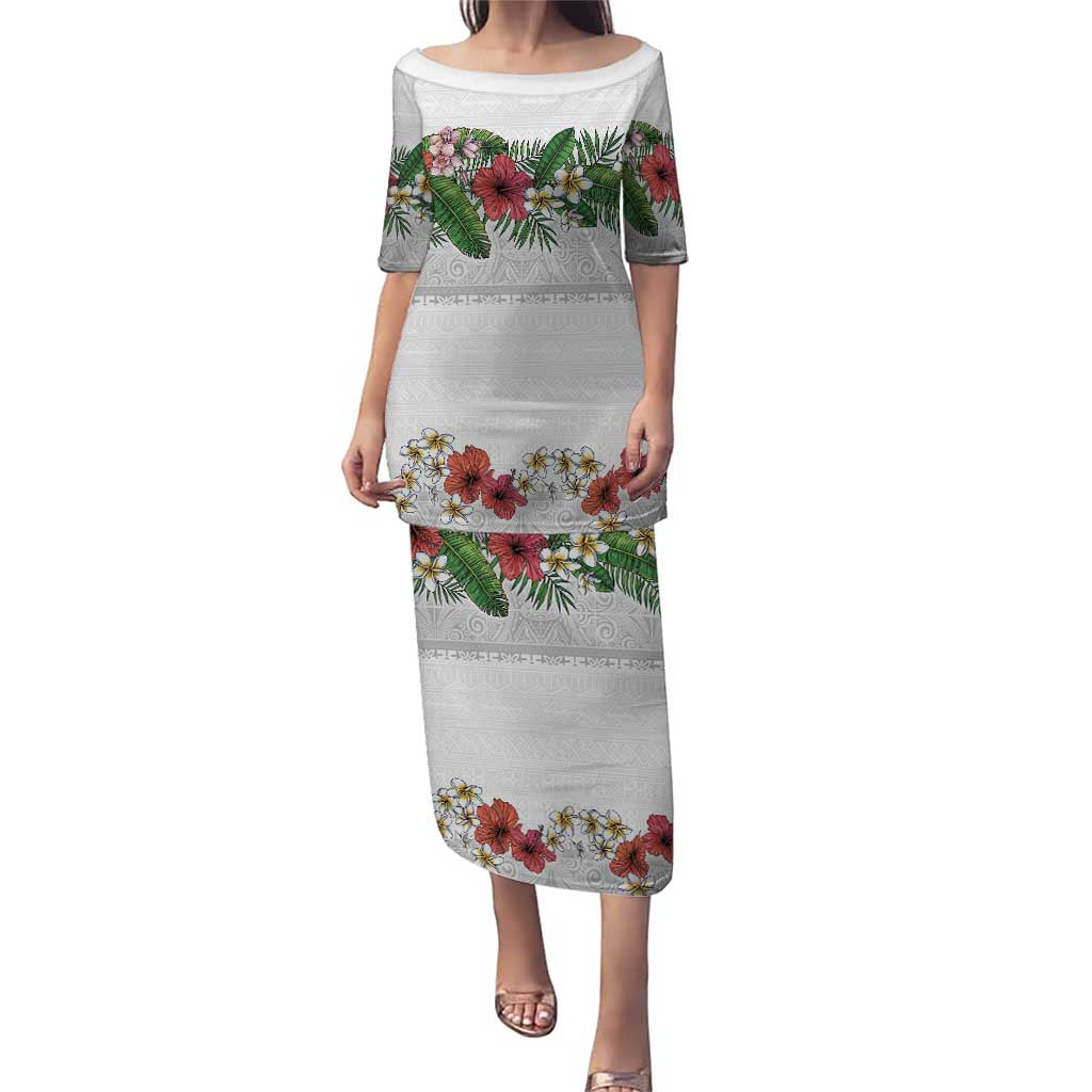 Hawaiian Tropical Flowers and Tribal Polynesian Tattoo Puletasi White Color LT03 Long Dress White - Polynesian Pride