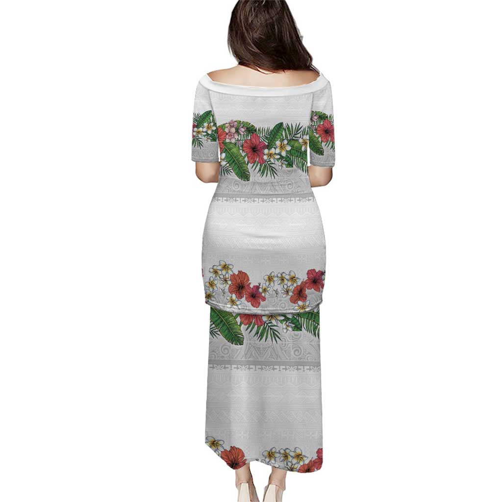 Hawaiian Tropical Flowers and Tribal Polynesian Tattoo Puletasi White Color LT03 - Polynesian Pride