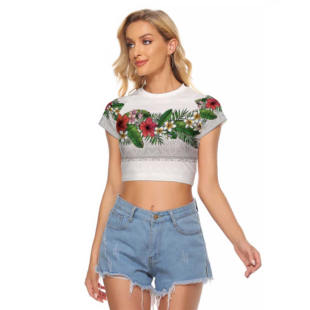 Hawaiian Tropical Flowers and Tribal Polynesian Tattoo Raglan Cropped T Shirt White Color