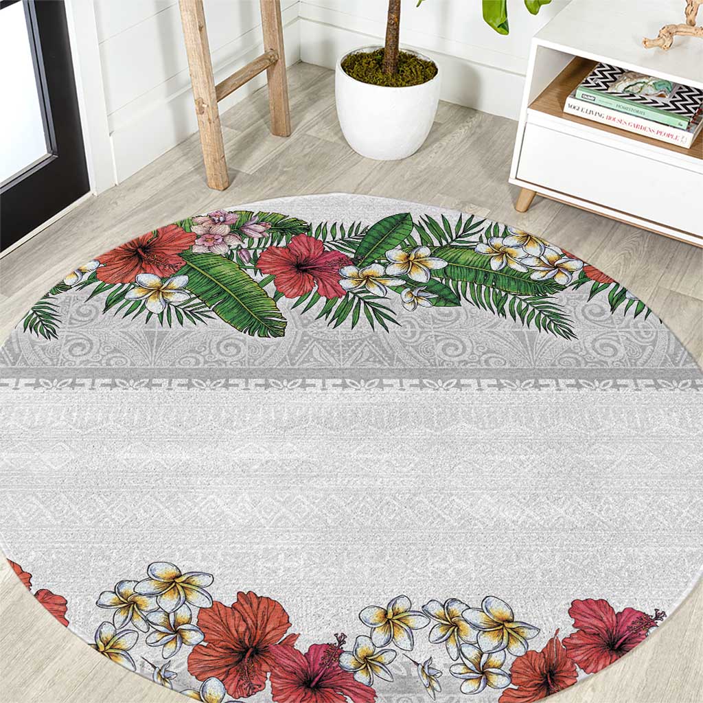 Hawaiian Tropical Flowers and Tribal Polynesian Tattoo Round Carpet White Color