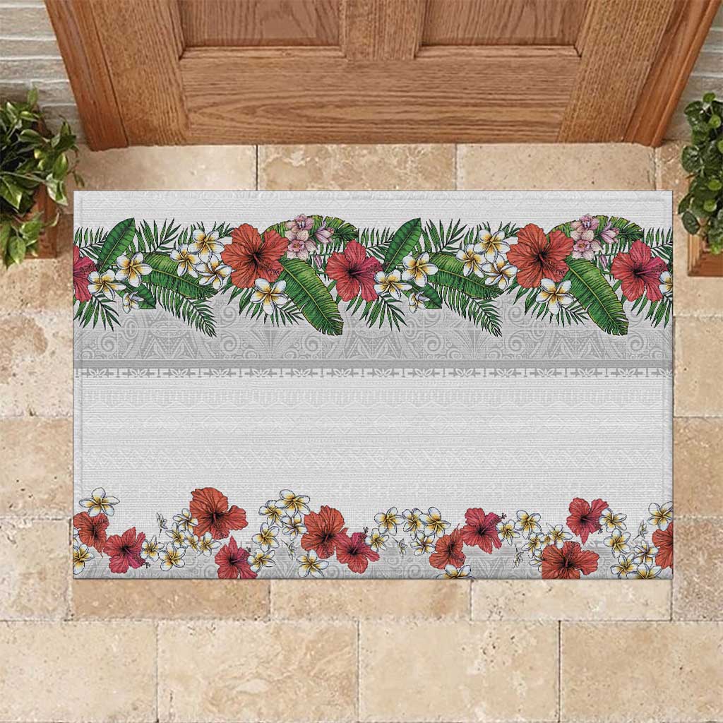 Hawaiian Tropical Flowers and Tribal Polynesian Tattoo Rubber Doormat White Color