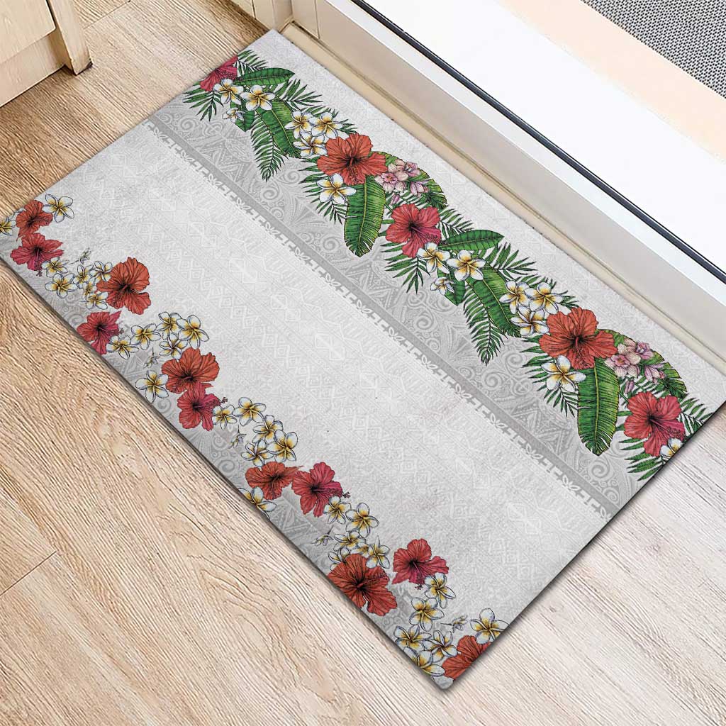 Hawaiian Tropical Flowers and Tribal Polynesian Tattoo Rubber Doormat White Color LT03 - Polynesian Pride