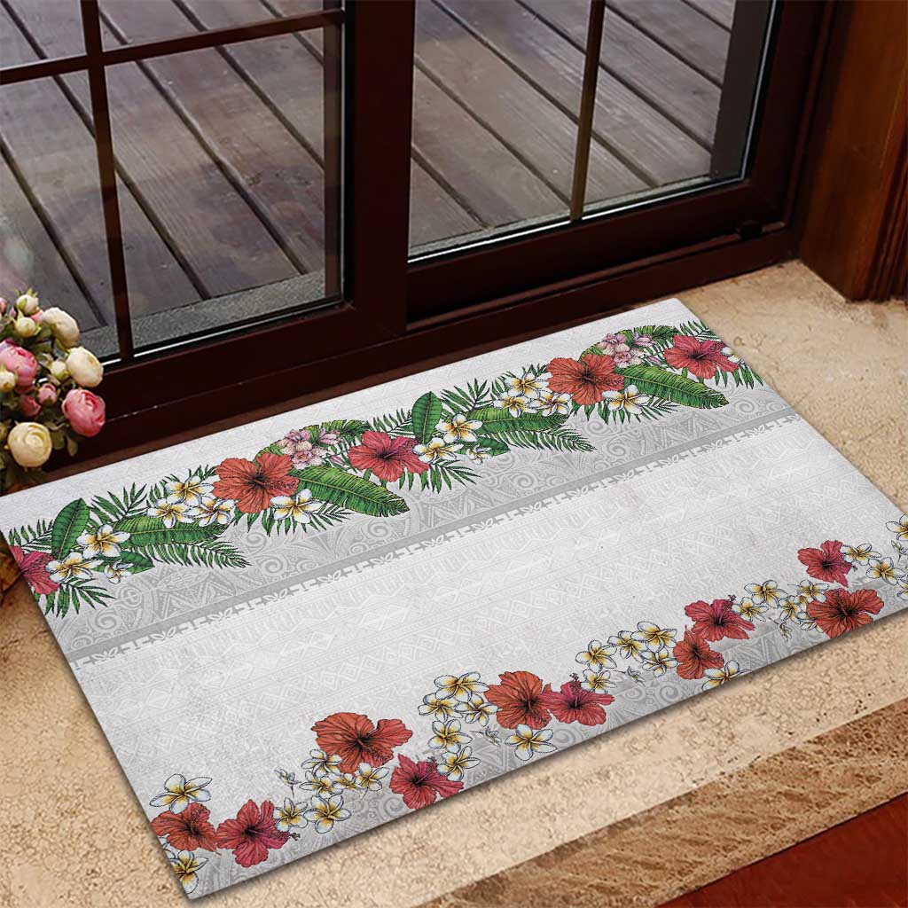 Hawaiian Tropical Flowers and Tribal Polynesian Tattoo Rubber Doormat White Color LT03 - Polynesian Pride
