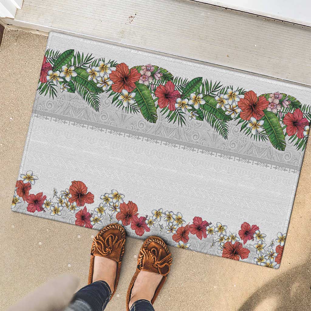 Hawaiian Tropical Flowers and Tribal Polynesian Tattoo Rubber Doormat White Color LT03 - Polynesian Pride