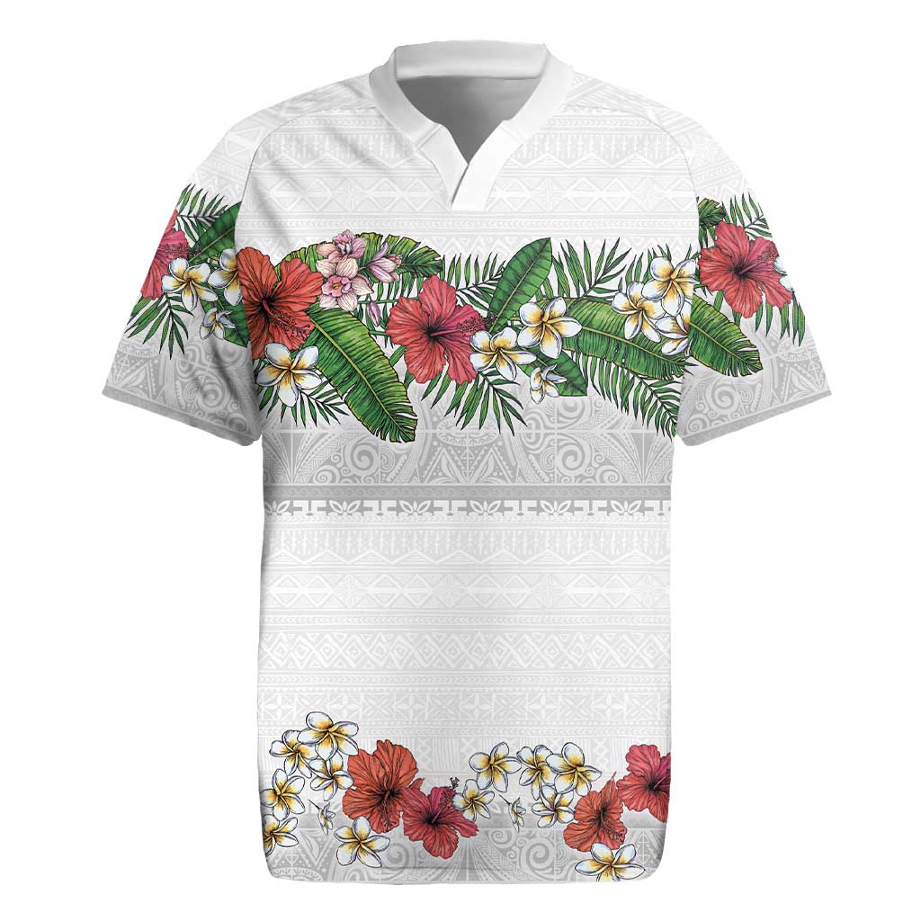 Hawaiian Tropical Flowers and Tribal Polynesian Tattoo Rugby Jersey White Color