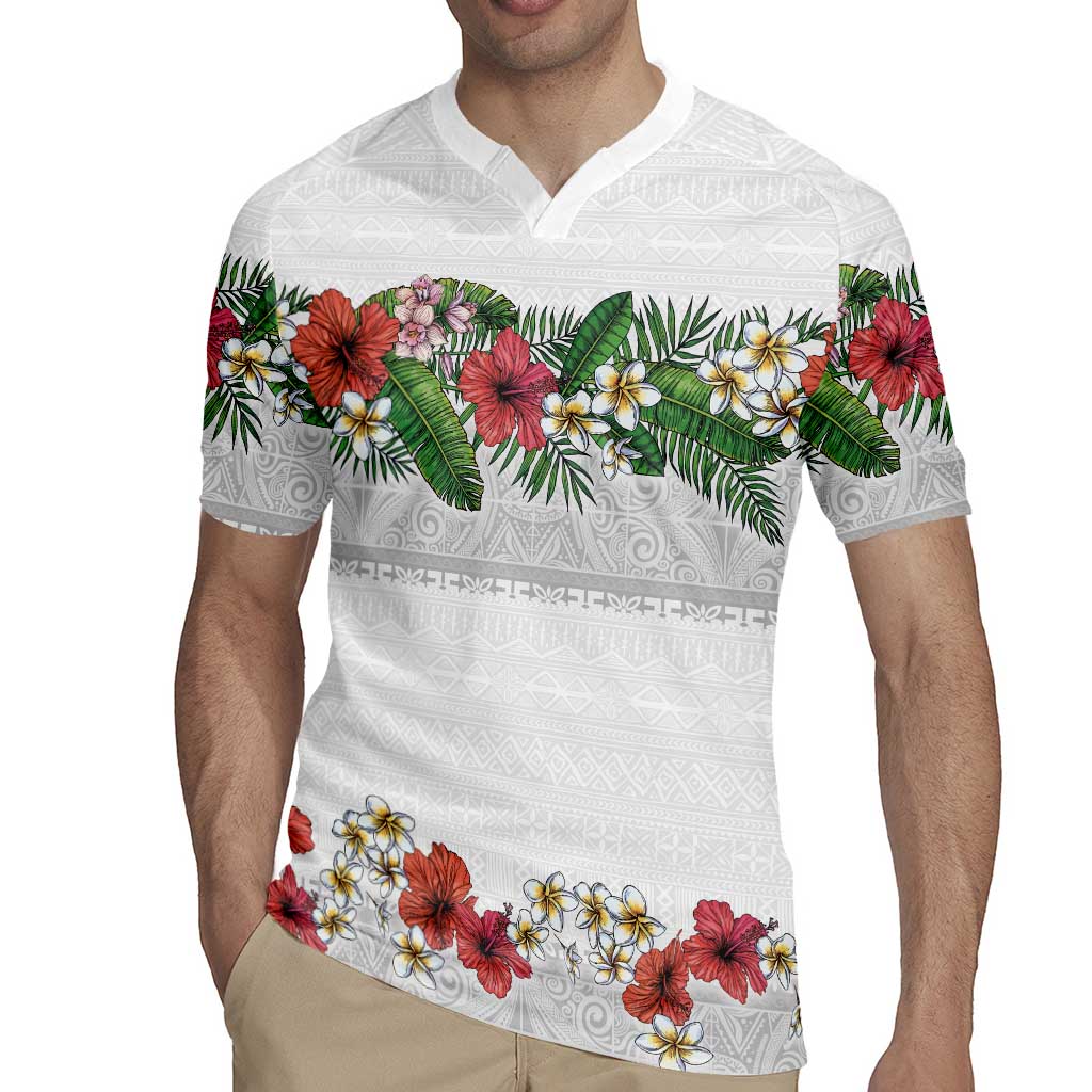 Hawaiian Tropical Flowers and Tribal Polynesian Tattoo Rugby Jersey White Color LT03 - Polynesian Pride