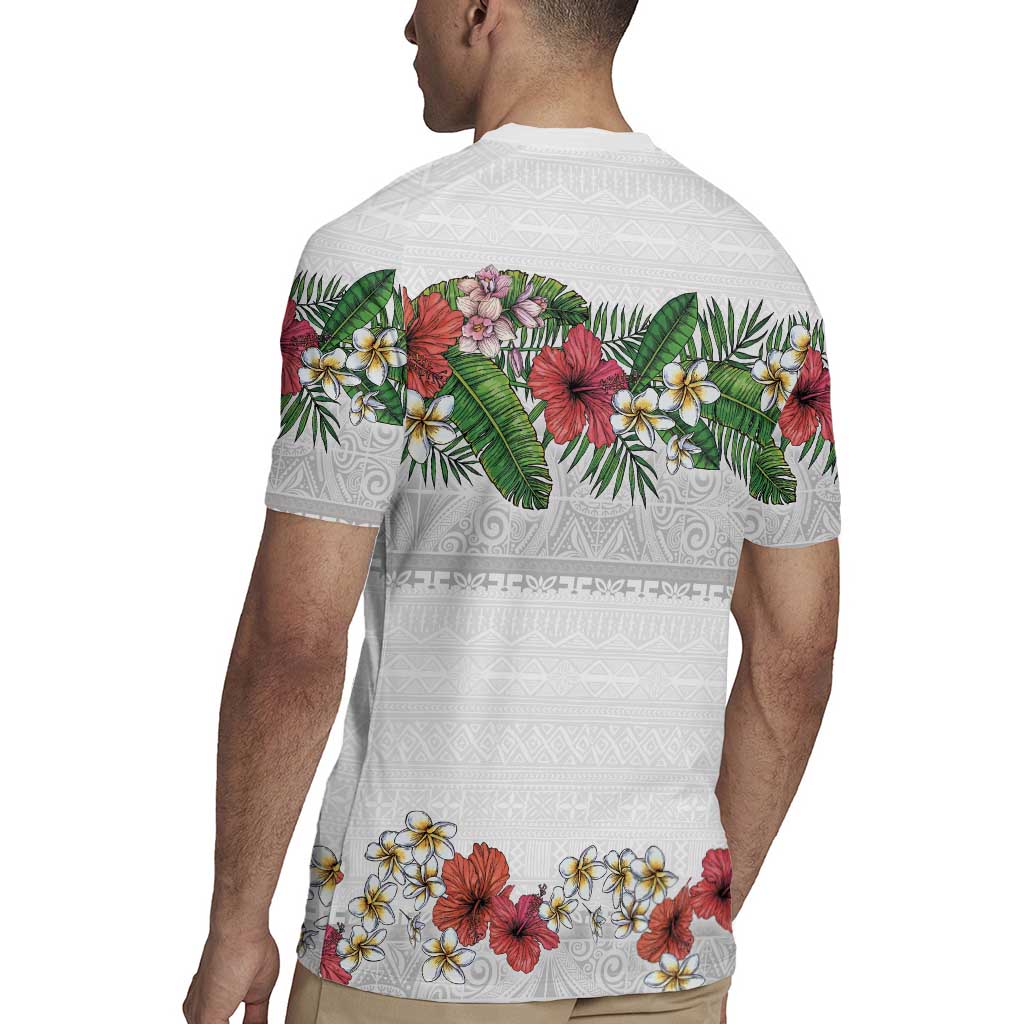 Hawaiian Tropical Flowers and Tribal Polynesian Tattoo Rugby Jersey White Color LT03 - Polynesian Pride